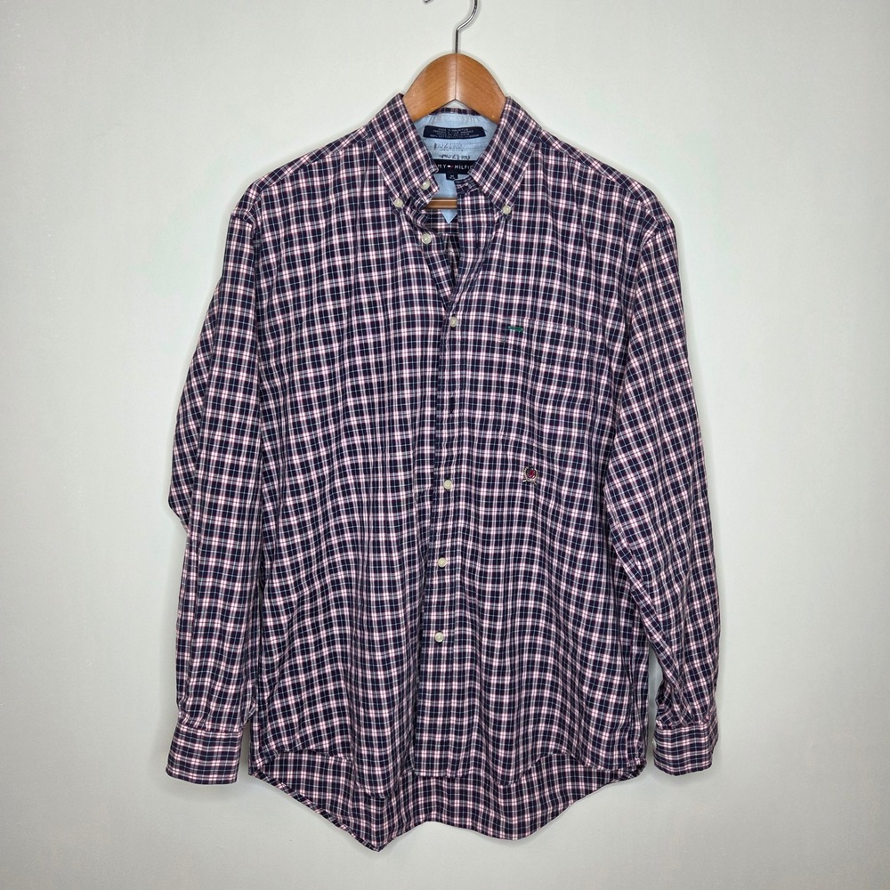 Tommy Hilfiger Vintage Y2K‎ Plaid Button Up Shirt Crest Logo Cotton Men's Size M